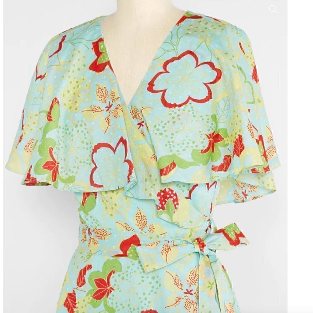 ModCloth Lift Your Wings Wrap Dress Sea Blue Floral - Picture 3 of 12